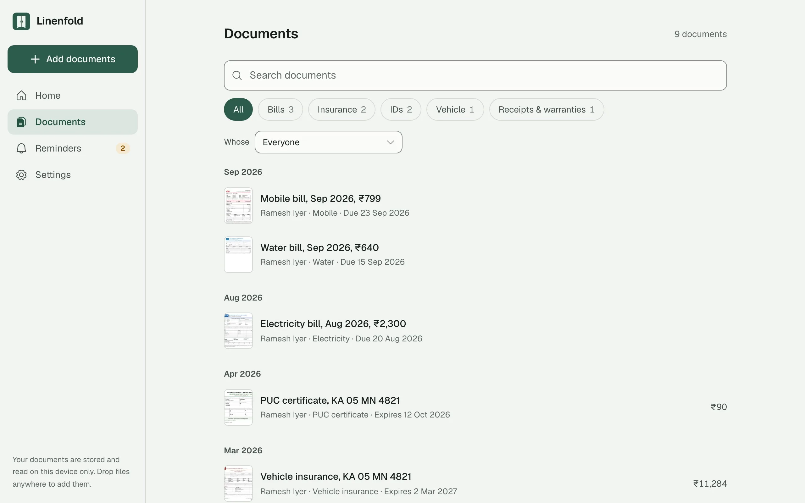 Linenfold on a laptop: documents grouped by month, such as ‘Mobile bill, Sep 2026, ₹799’, ‘Electricity bill, Aug 2026, ₹2,300’ and ‘PUC certificate, KA 05 MN 4821’, each with the person and due or expiry date.