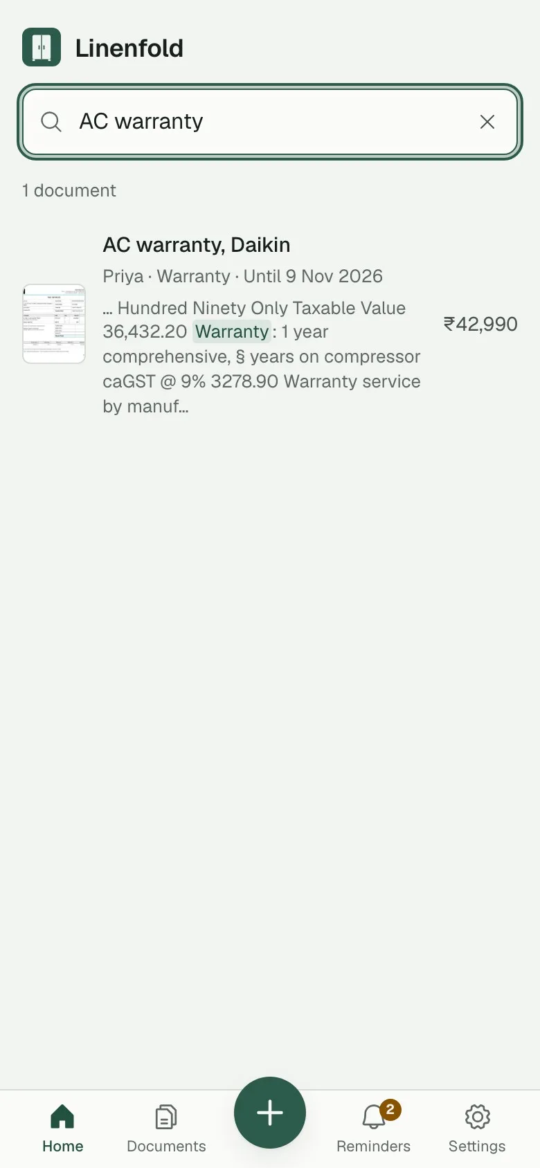 Searching ‘AC warranty’ finds ‘AC warranty, Daikin’, valid until 9 Nov 2026, with the matching line from the invoice.